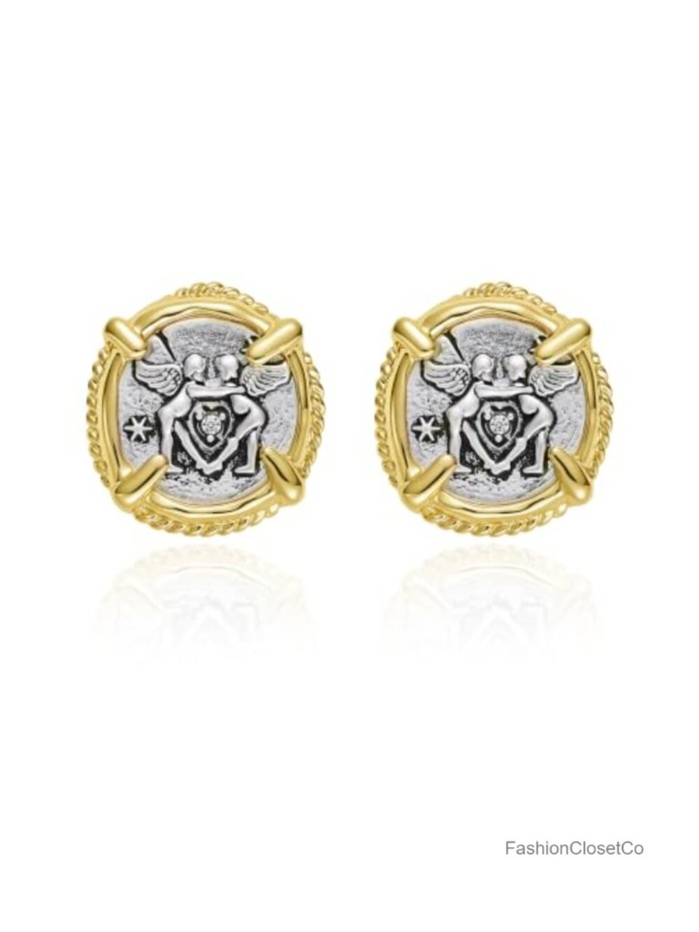Two Tone Gold Plated & Antique Silver Cherub Angel Stud Earrings